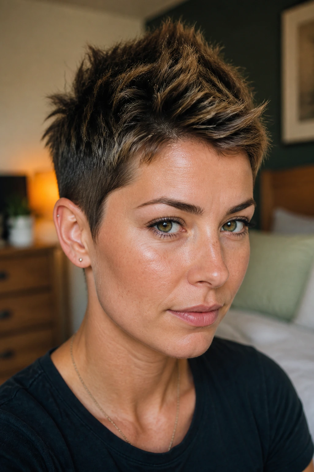 Real person with textured pixie hawk showing forward pushed top and center ridge