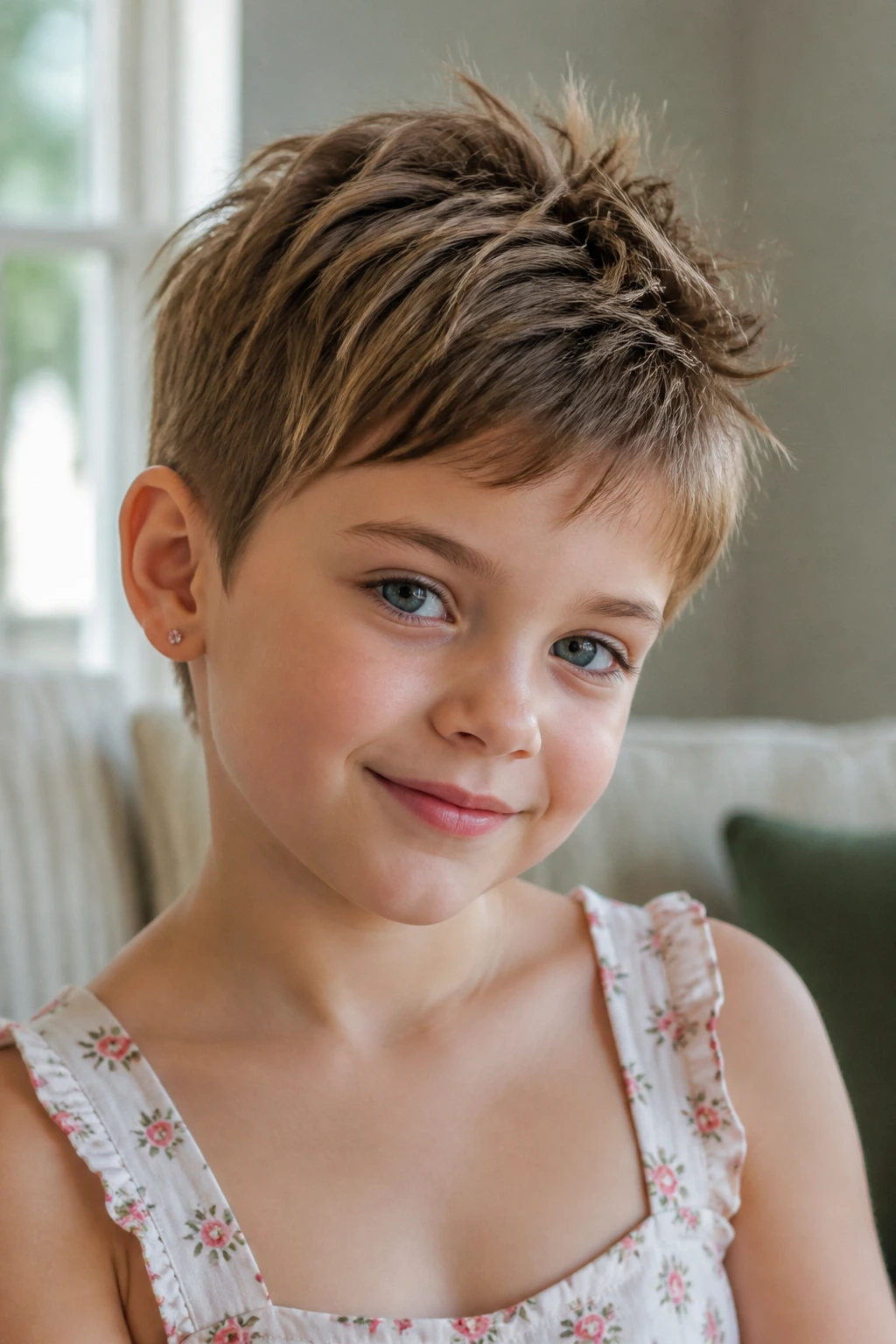 Child with choppy textured pixie, playful hair texture