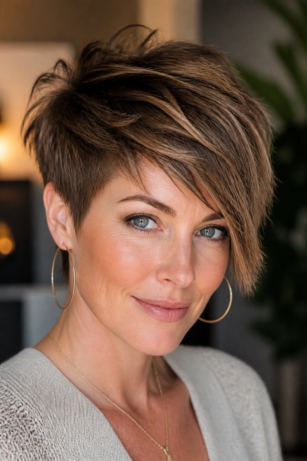 Close-up of a real person with a textured pixie and long top layers