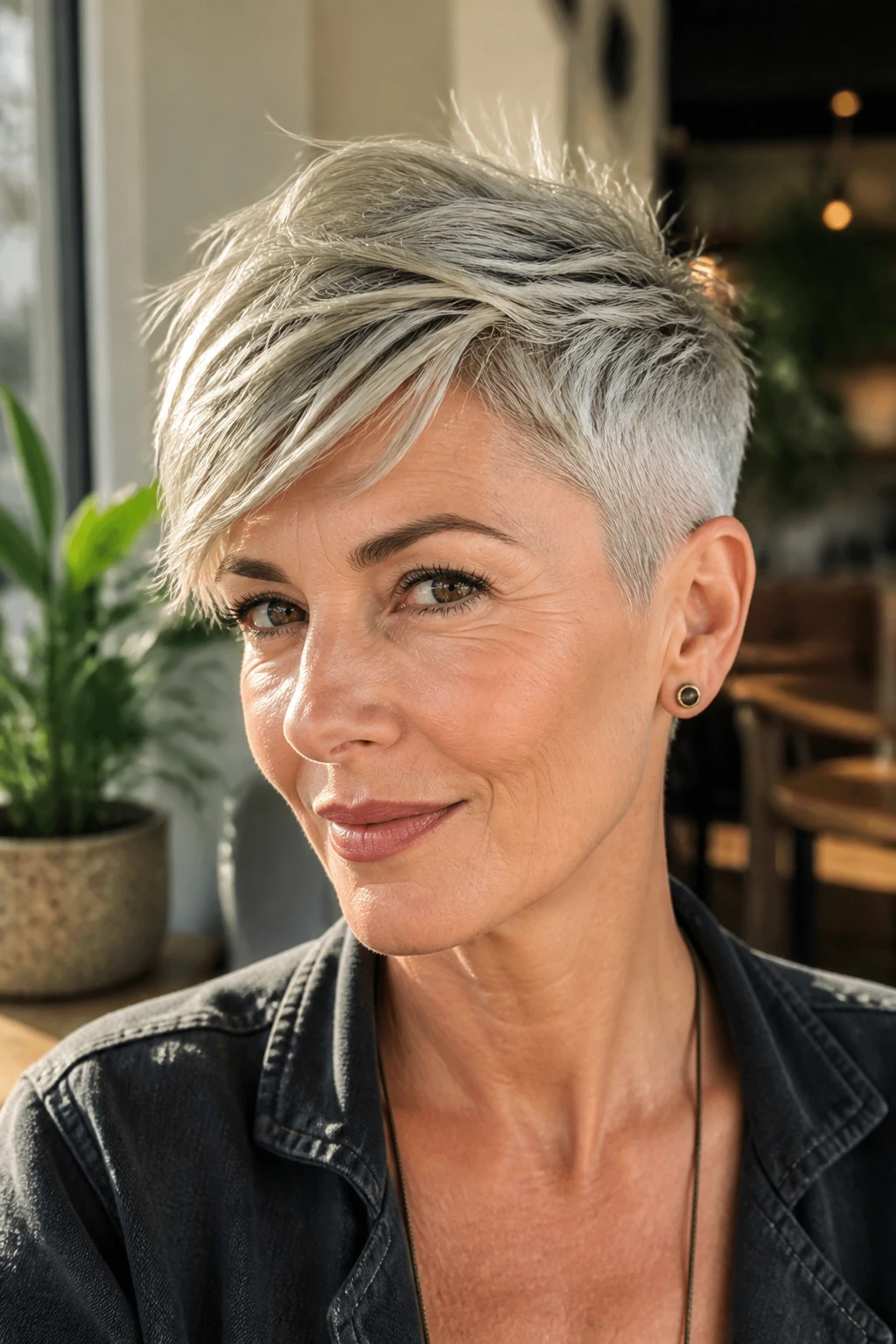 Real woman with textured long-top pixie and short sides