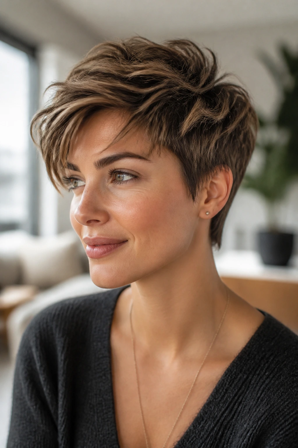 Real woman with textured pixie and longer top in a softly lit room
