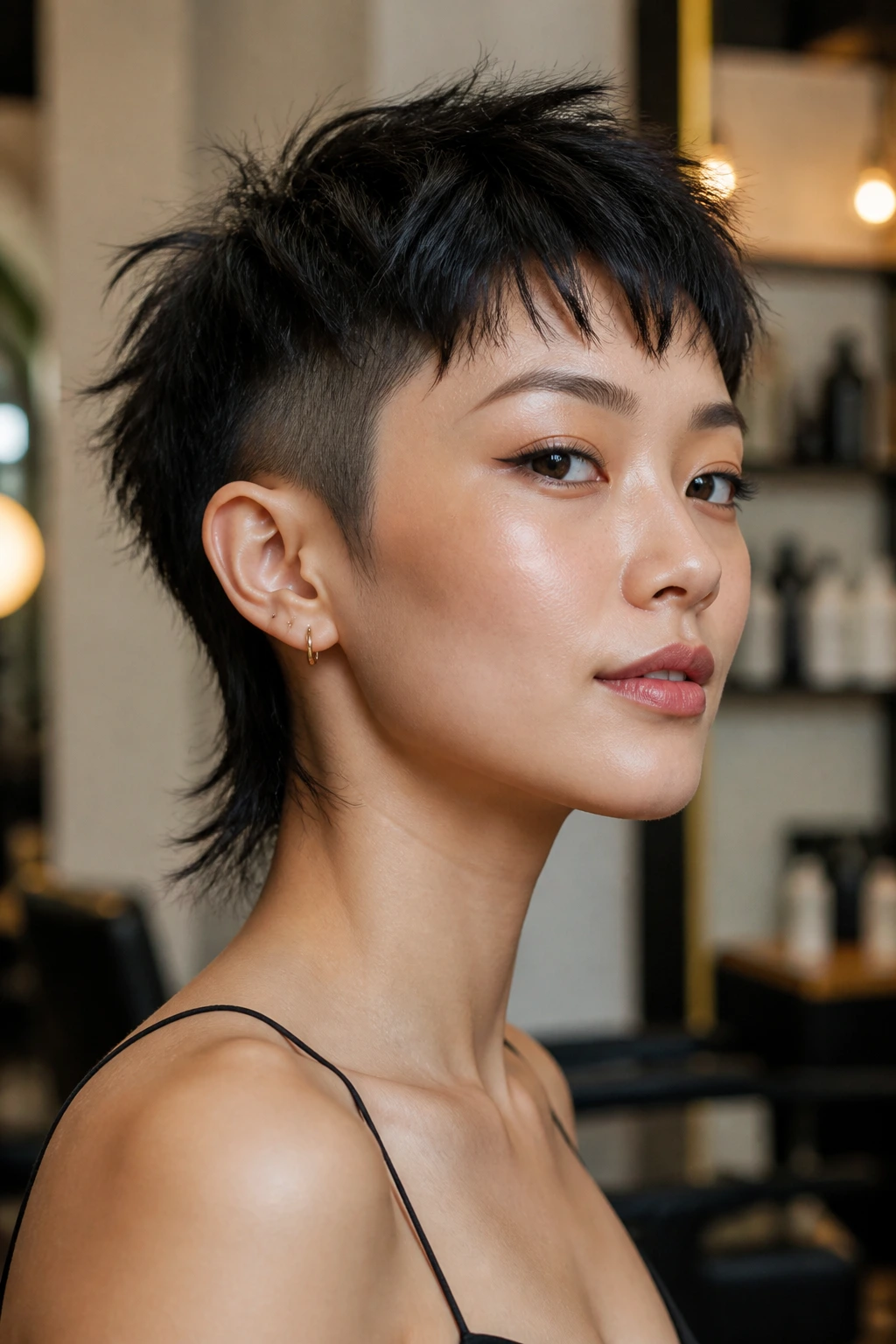 Close-up of a real woman with a textured pixie mullet and undercut visible at the nape in a warm salon.
