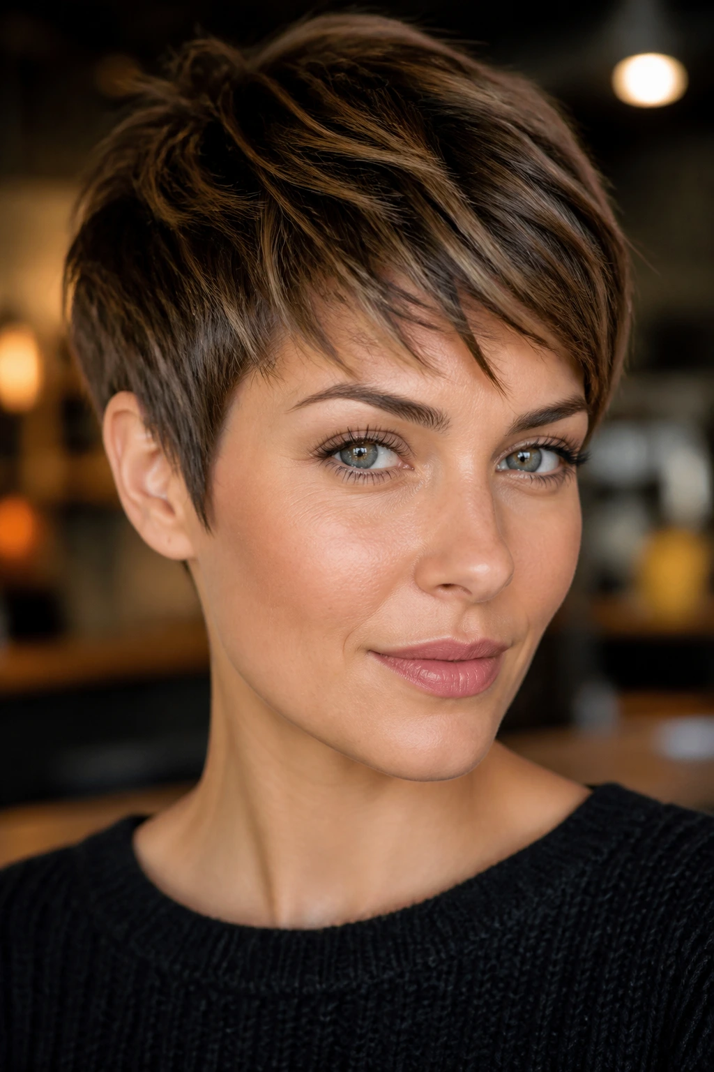 Close-up portrait of a person with textured pixie and tapered nape