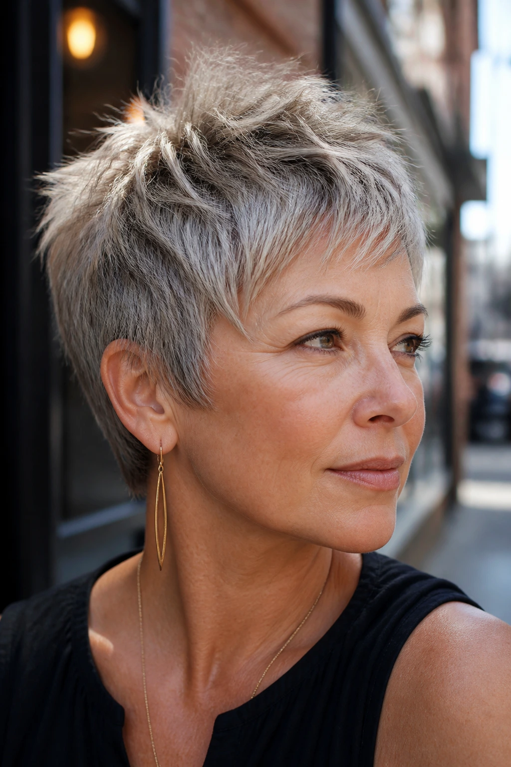 Real woman with choppy textured pixie and piecey ends in urban daylight.