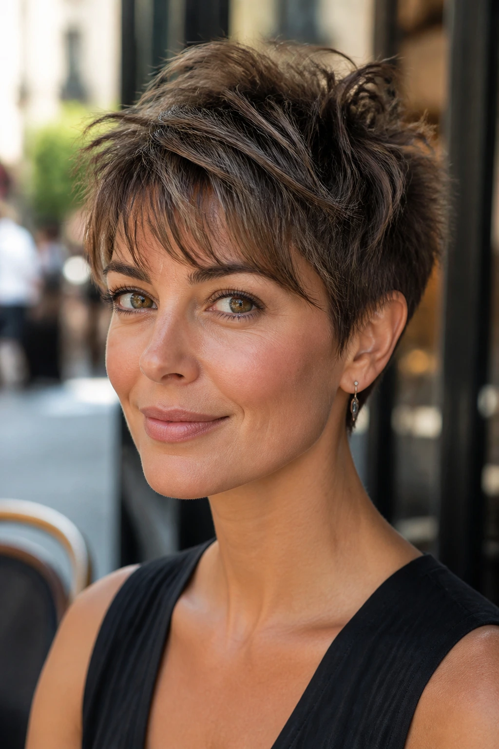 Close-up of a real woman with a textured pixie and piecey fringe.