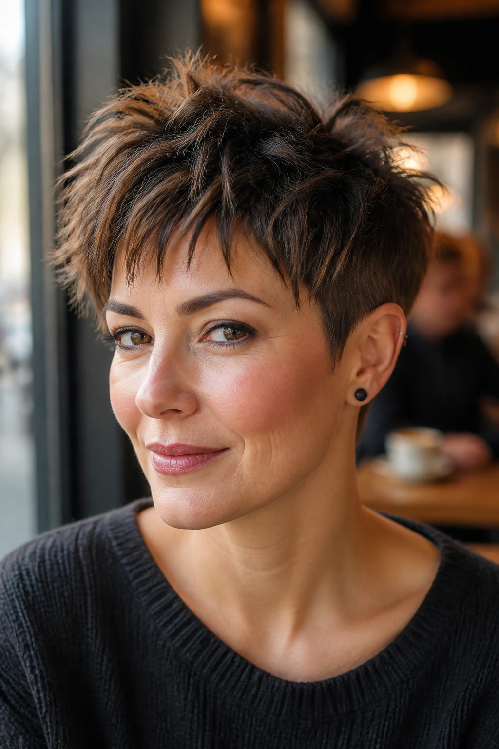 Close-up portrait of a woman with textured pixie shag hairstyle in a cafe window light