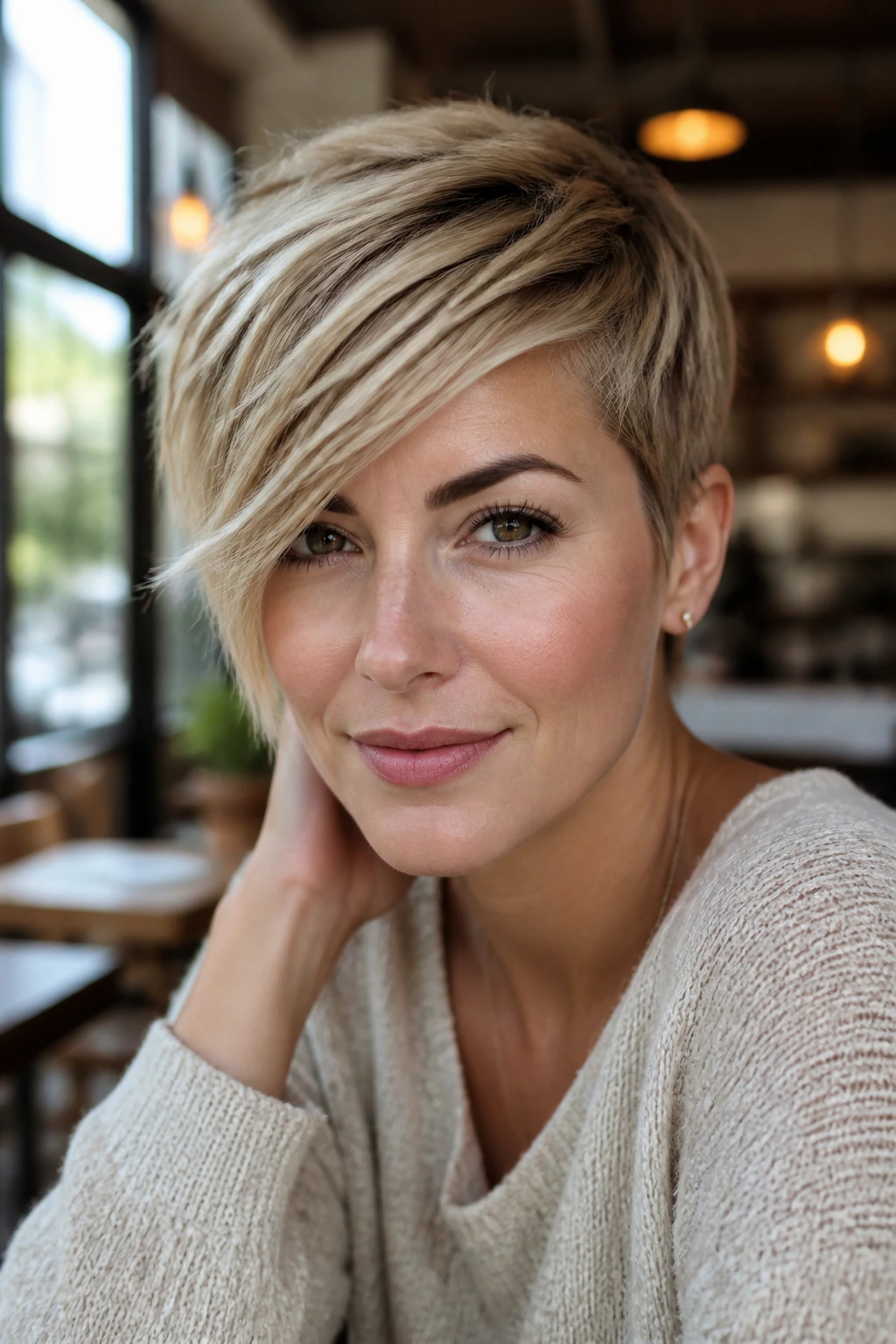Close-up of a real woman with textured pixie and long side sweep