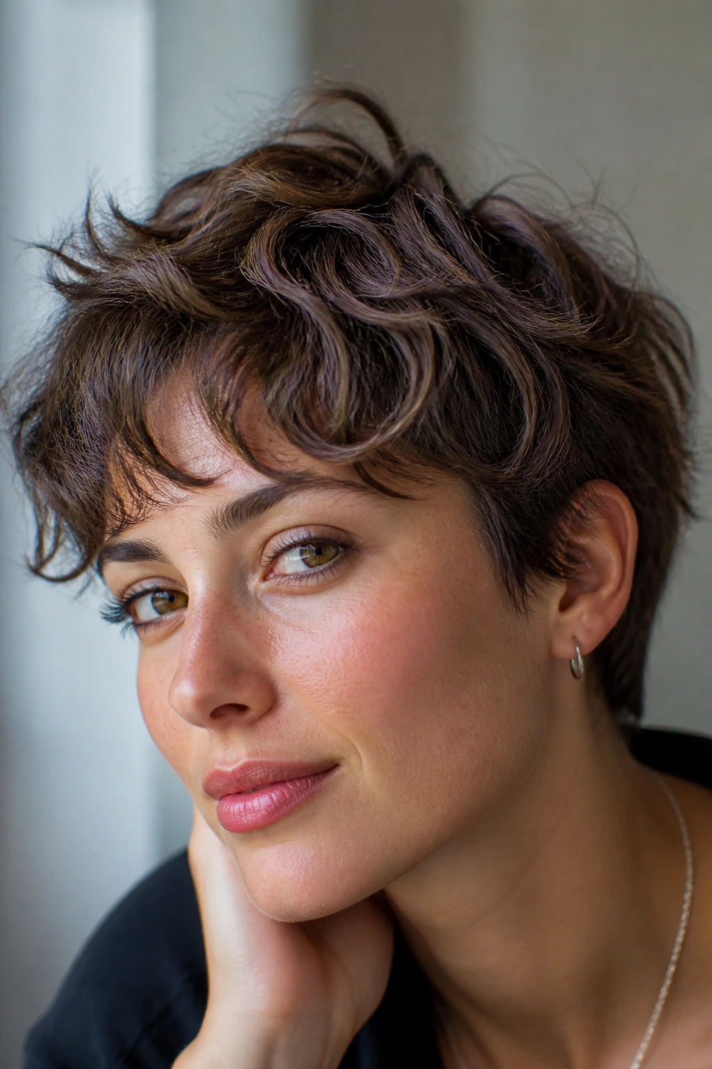 Close-up of a real person with a textured pixie wave hairstyle