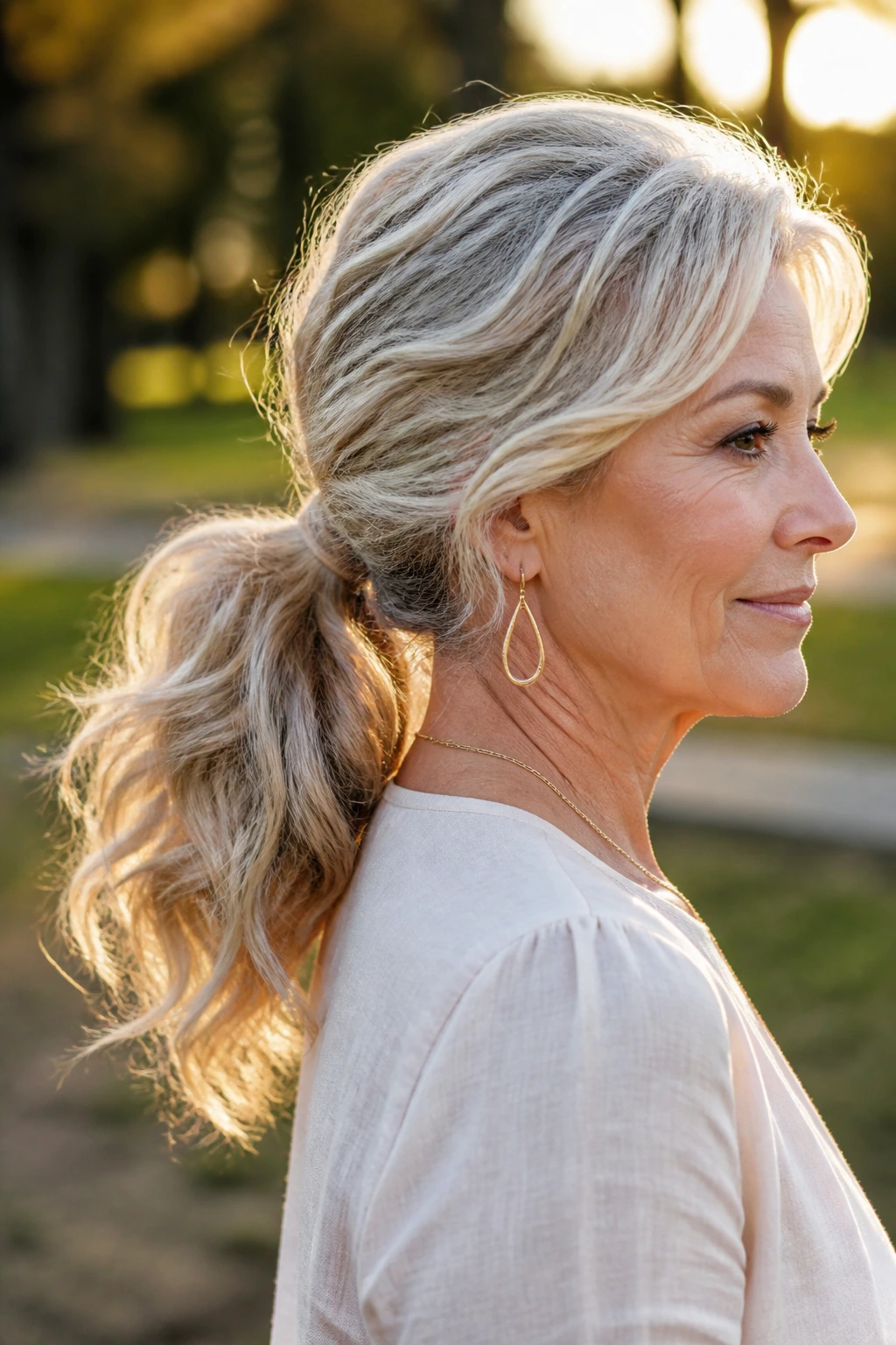 Close-up of a woman's textured wavy ponytail in golden hour light.