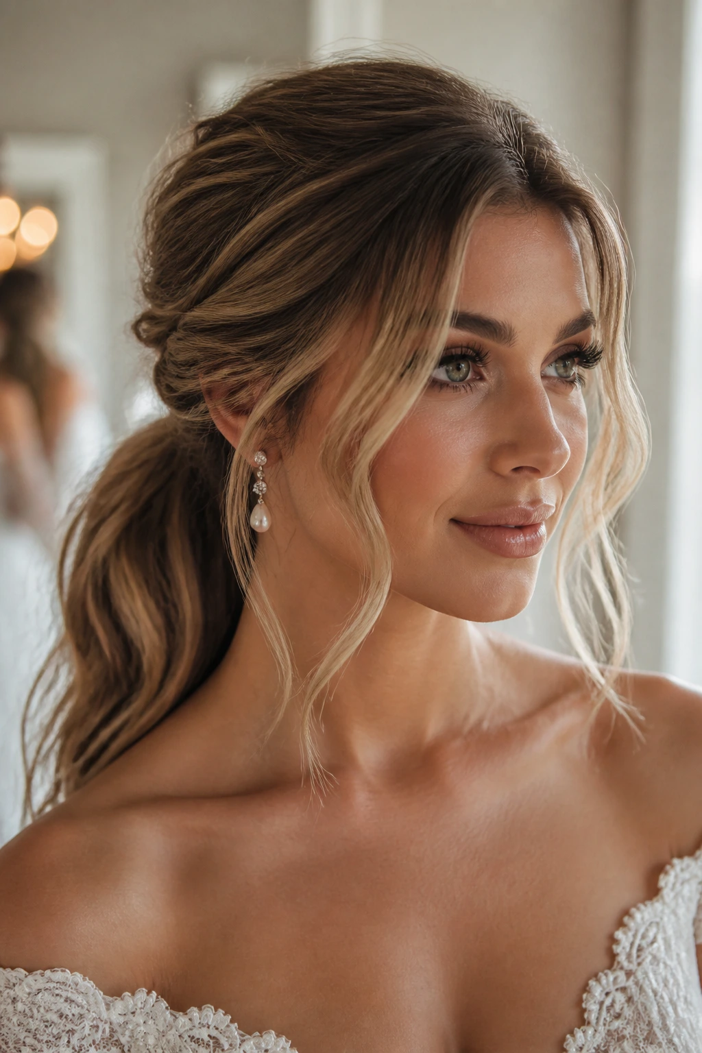 Close-up of a real bride with a textured low ponytail and cheekbone-framing pieces in warm window light