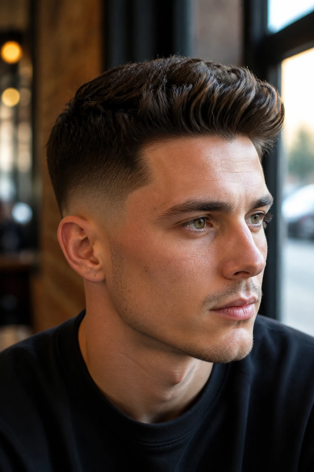 Close-up of a man with a textured quiff and low fade hairstyle in a cafe setting