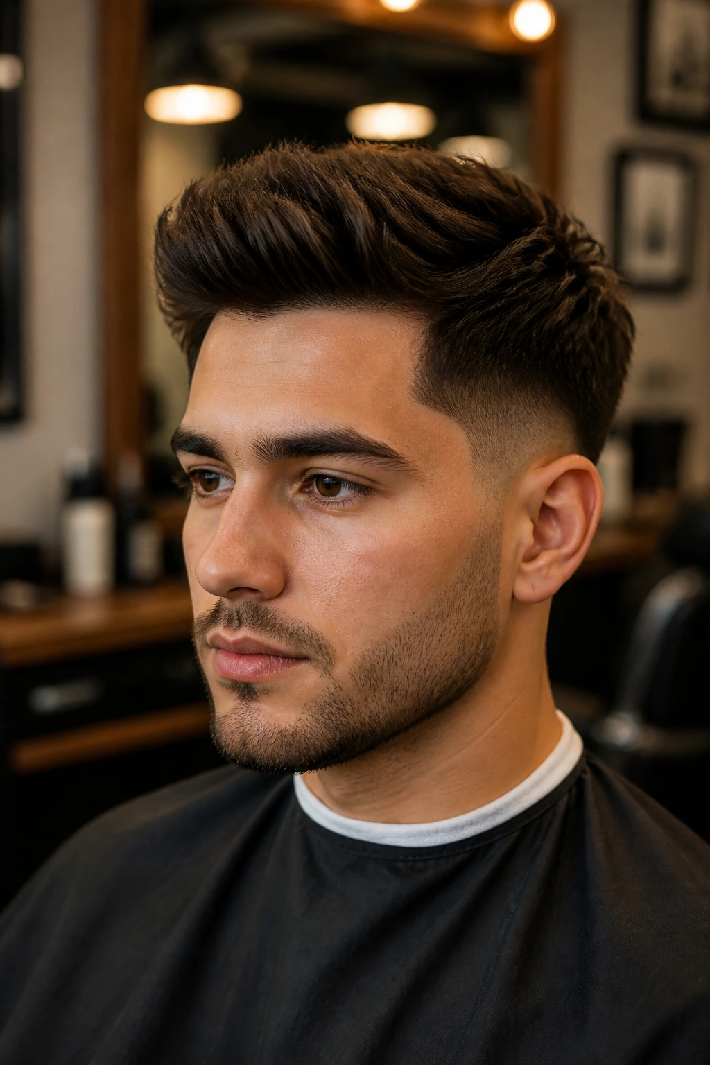 Close-up portrait of a man with a textured low taper quiff