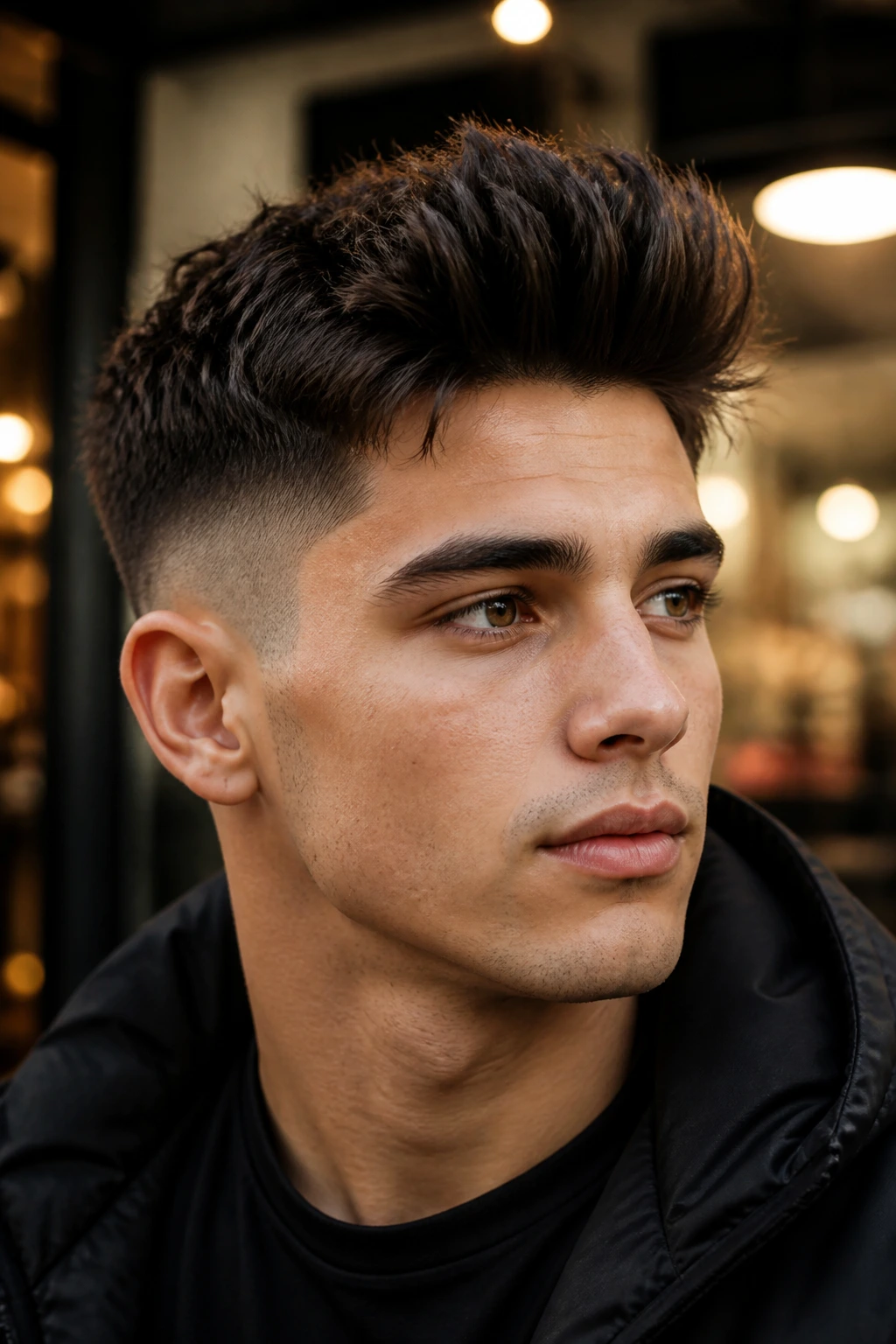 Close-up of man with textured quiff and mid fade outdoors