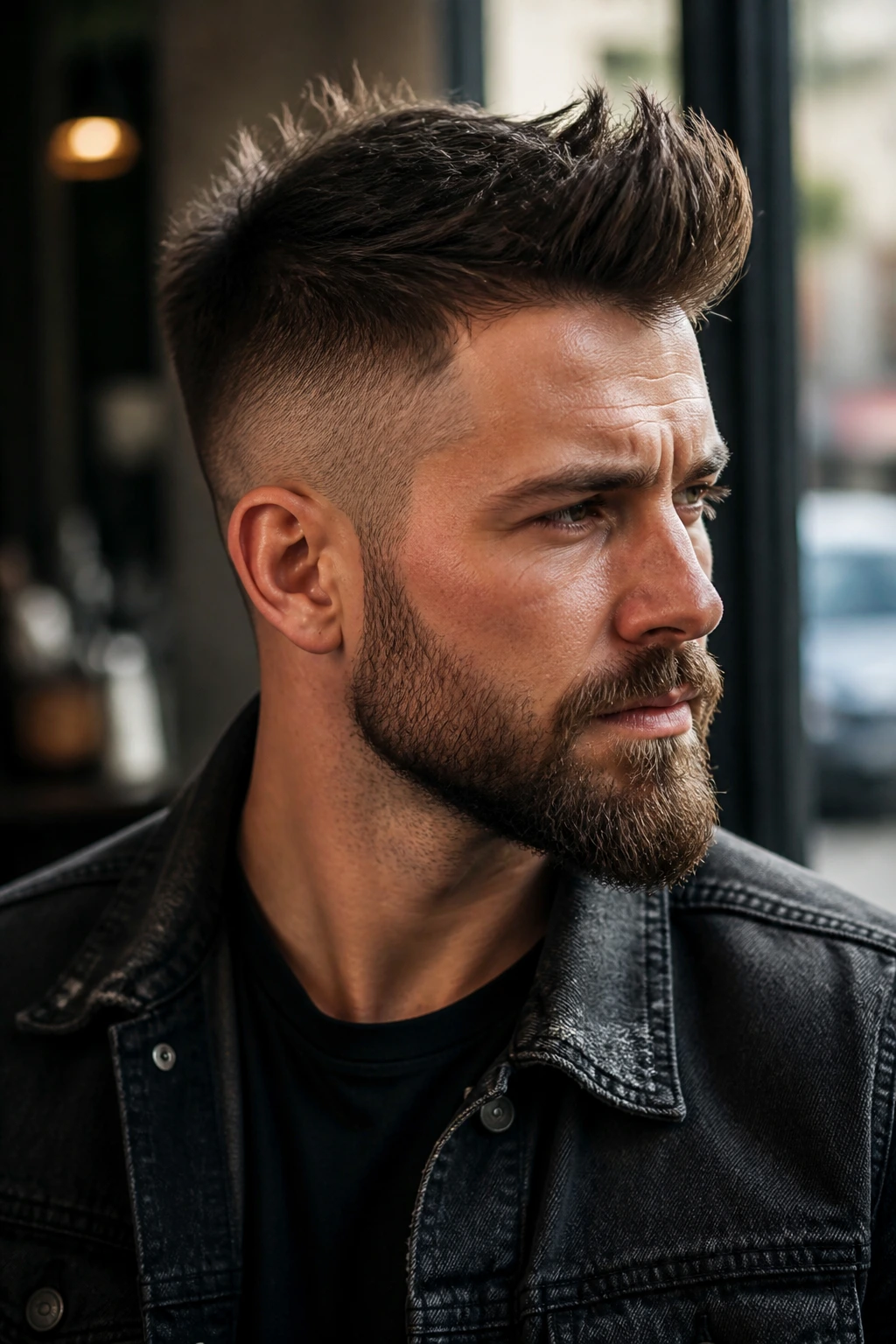 Close-up of a man with textured quiff and shaved sides in cafe light