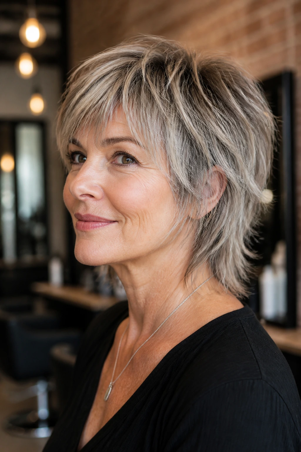 Close-up of a real woman with textured razor-cut mullet in a salon
