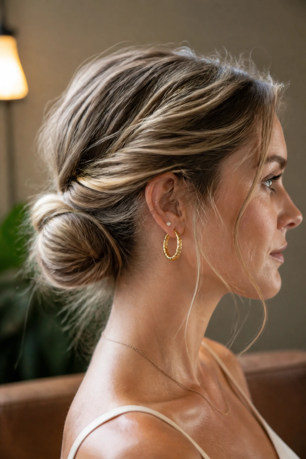 Texture-rich second-day low bun on real woman, relaxed yet polished.