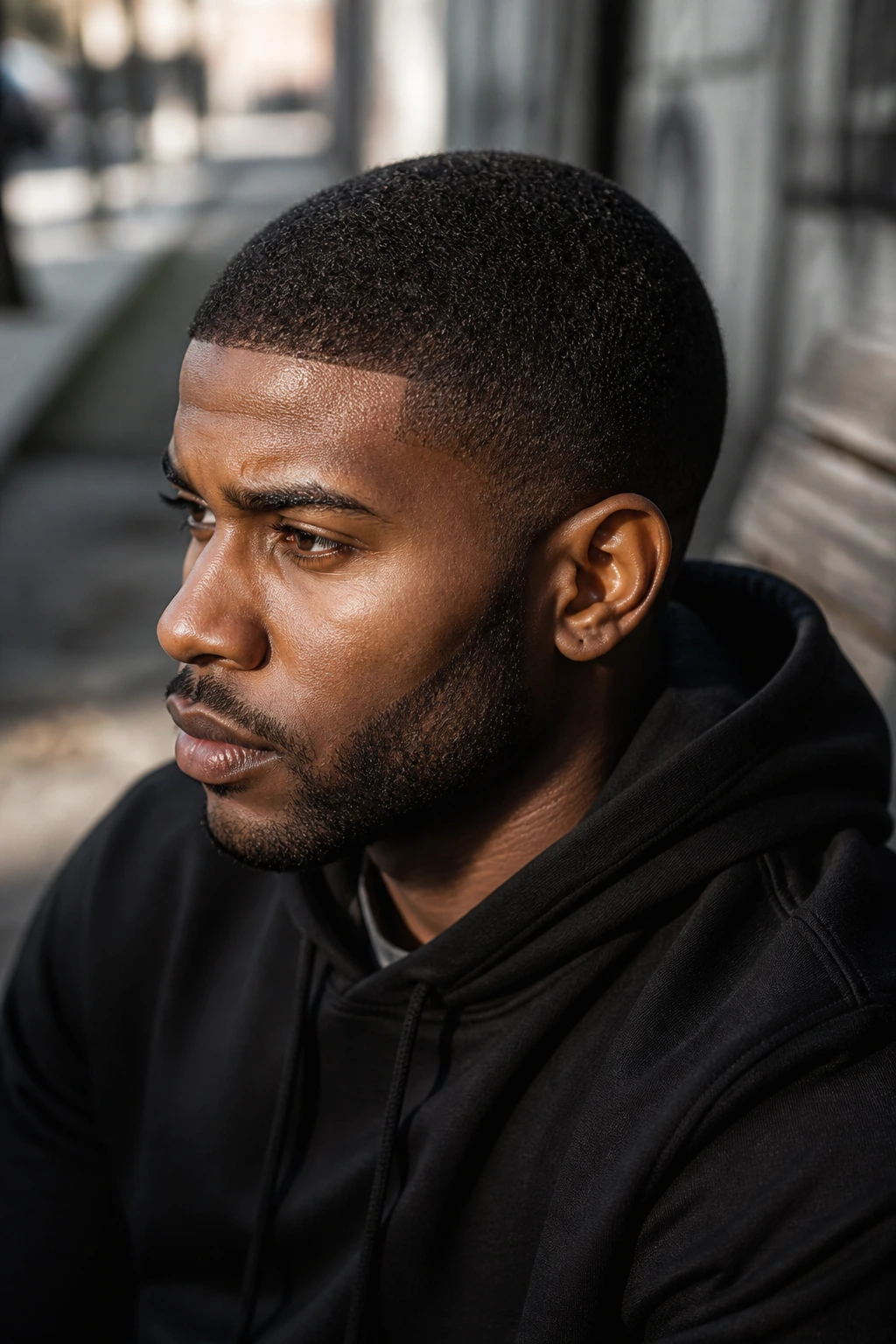 Close-up of a real man with textured shadow buzz in an outdoor urban setting.