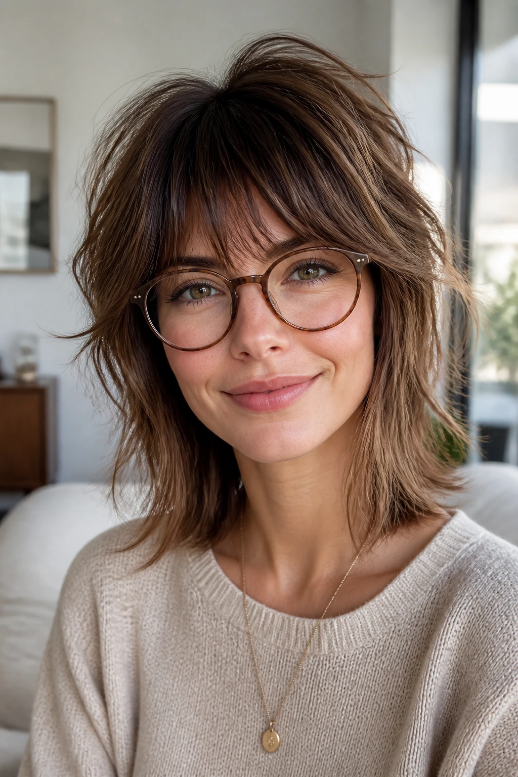Portrait of a woman with a textured shag haircut and airy ends