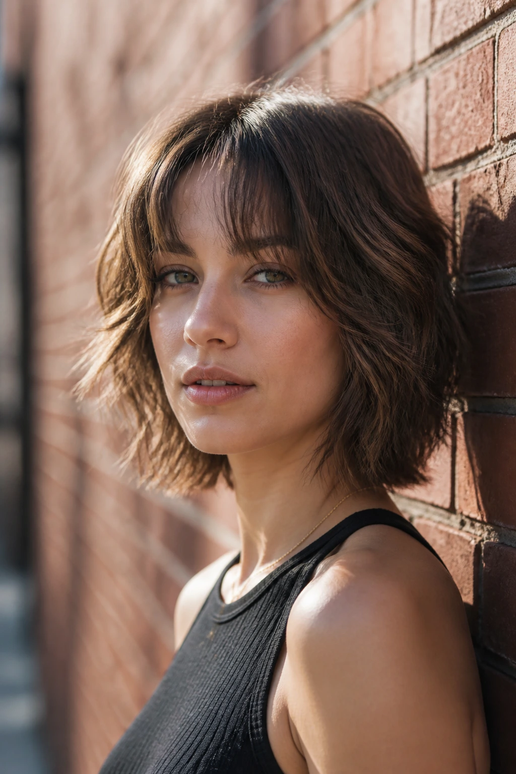 Close-up portrait of a person with textured shag bob and feathered curtain bangs by brick wall
