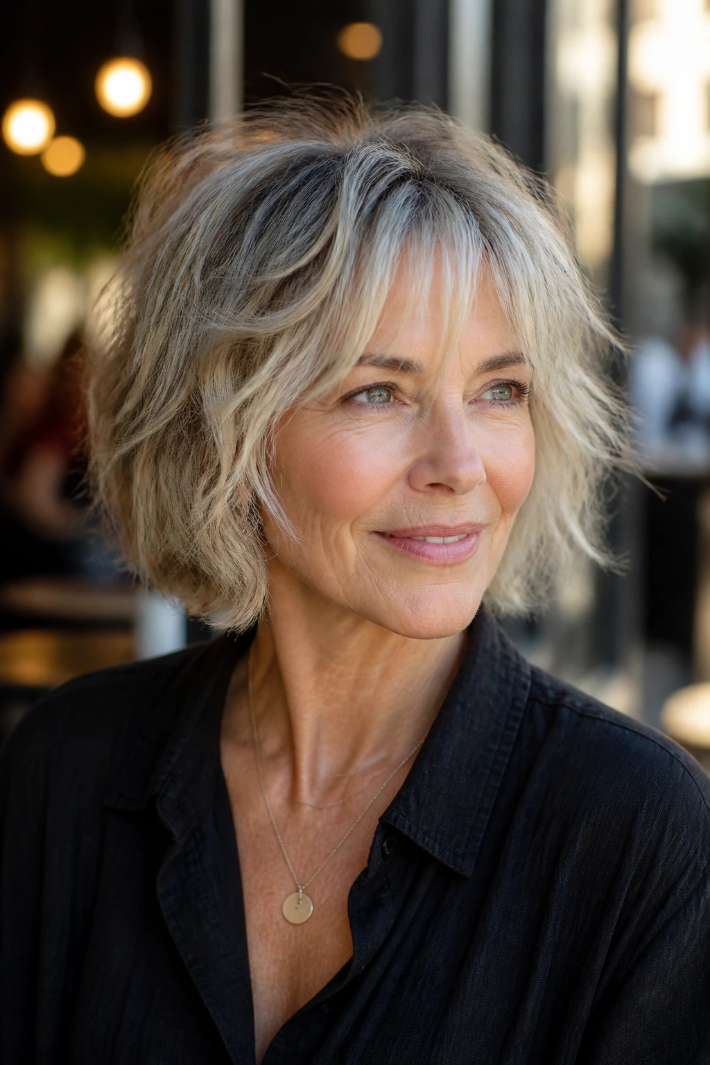 Real person with textured shag bob and curtain wisps in sunlight