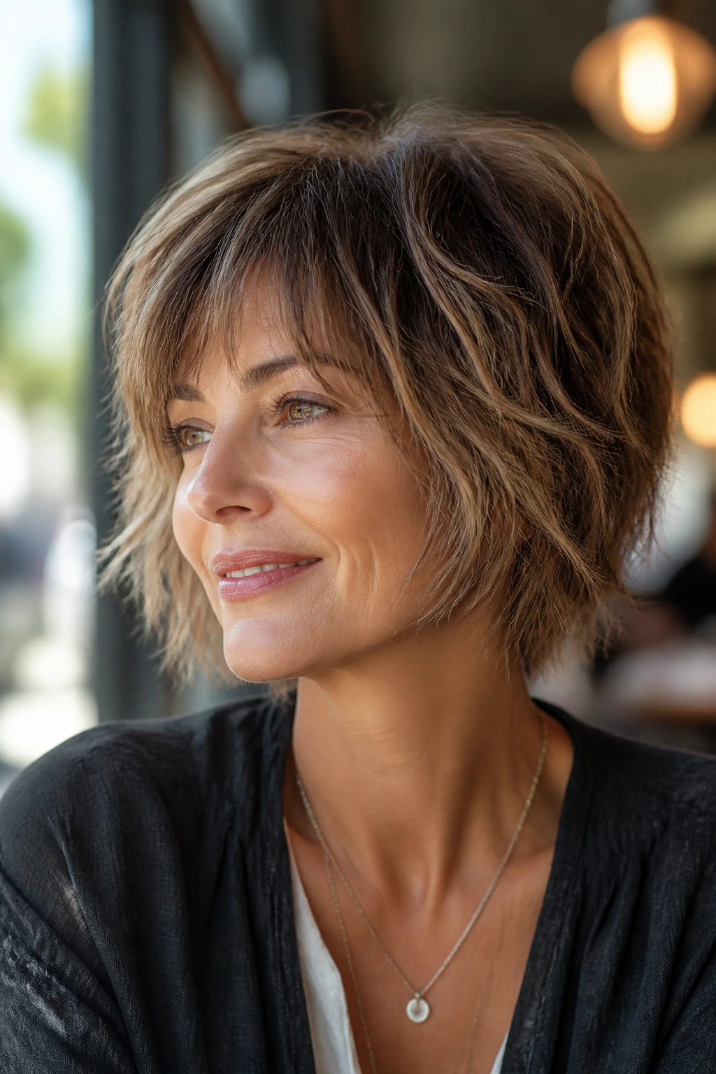 Close-up of a real woman with a textured shag bob