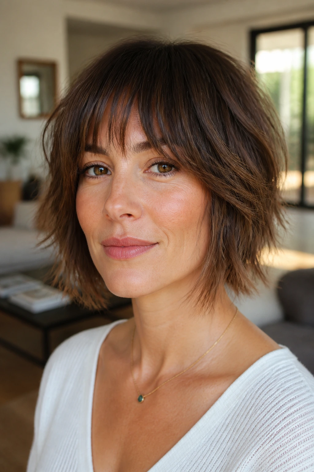 Close-up portrait of a real woman with textured shag bob on fine hair.