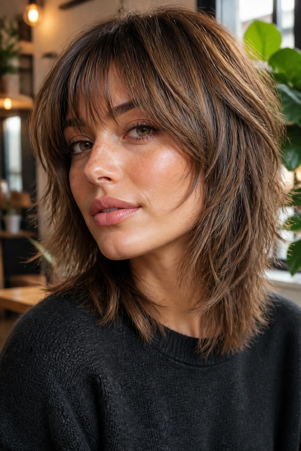 Close-up of a real woman with textured shag and cheekbone fringe