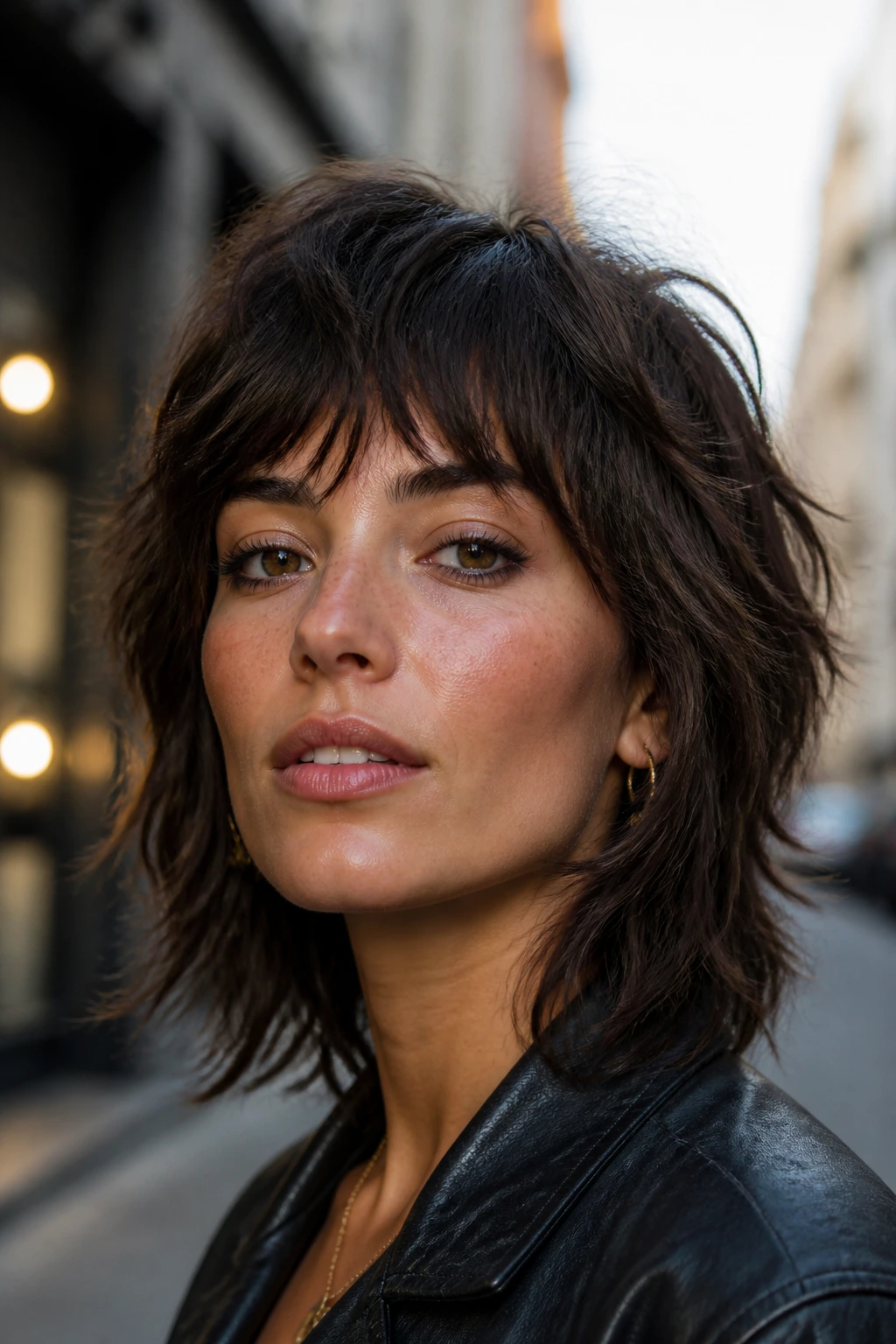 Close-up of a woman with a textured shag and cheekbone lift