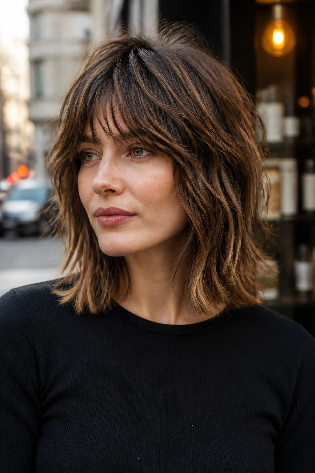Portrait of a real person with textured shag to collarbone length