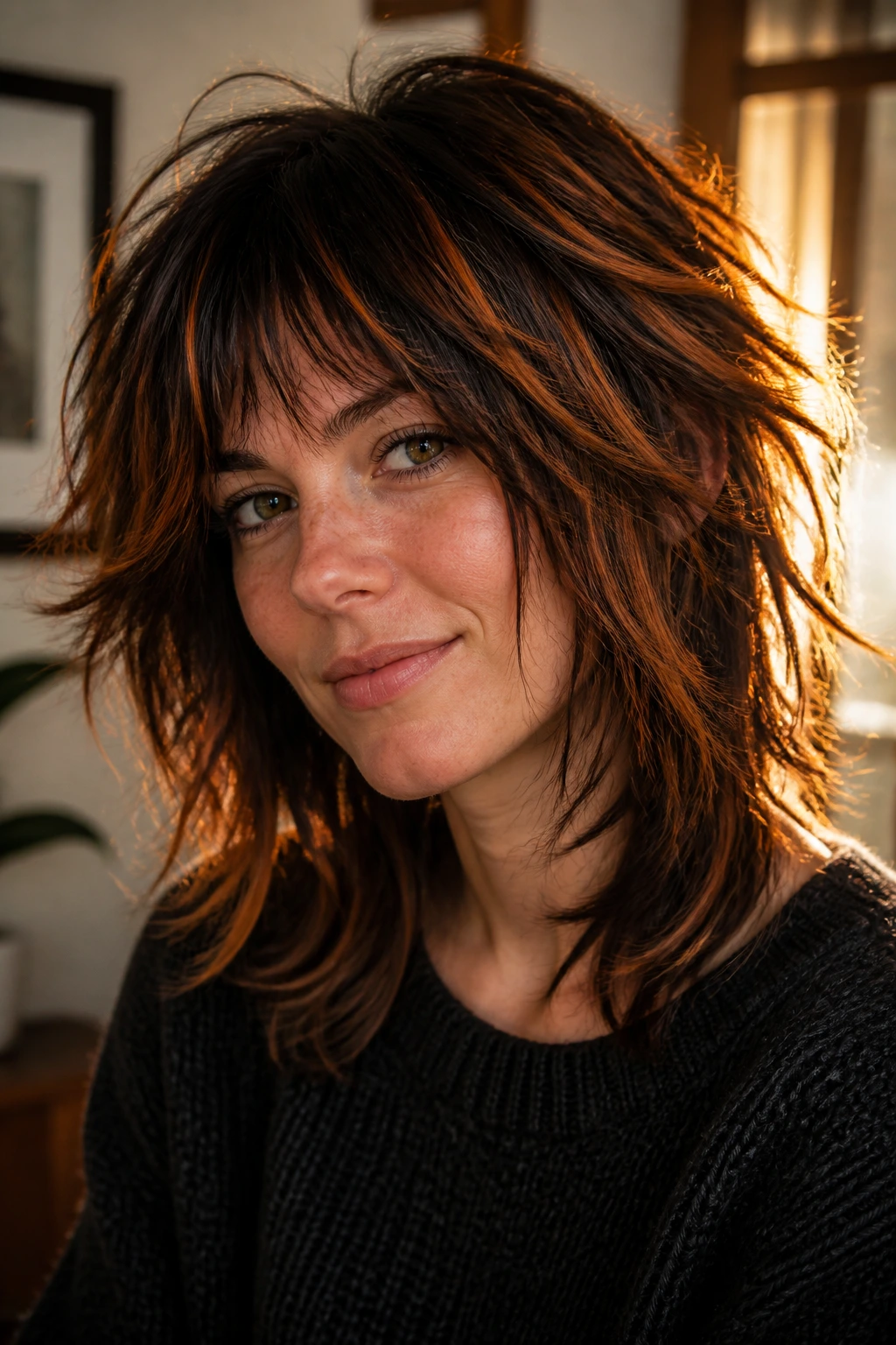 Portrait of a real person with textured shag and copper highlights.