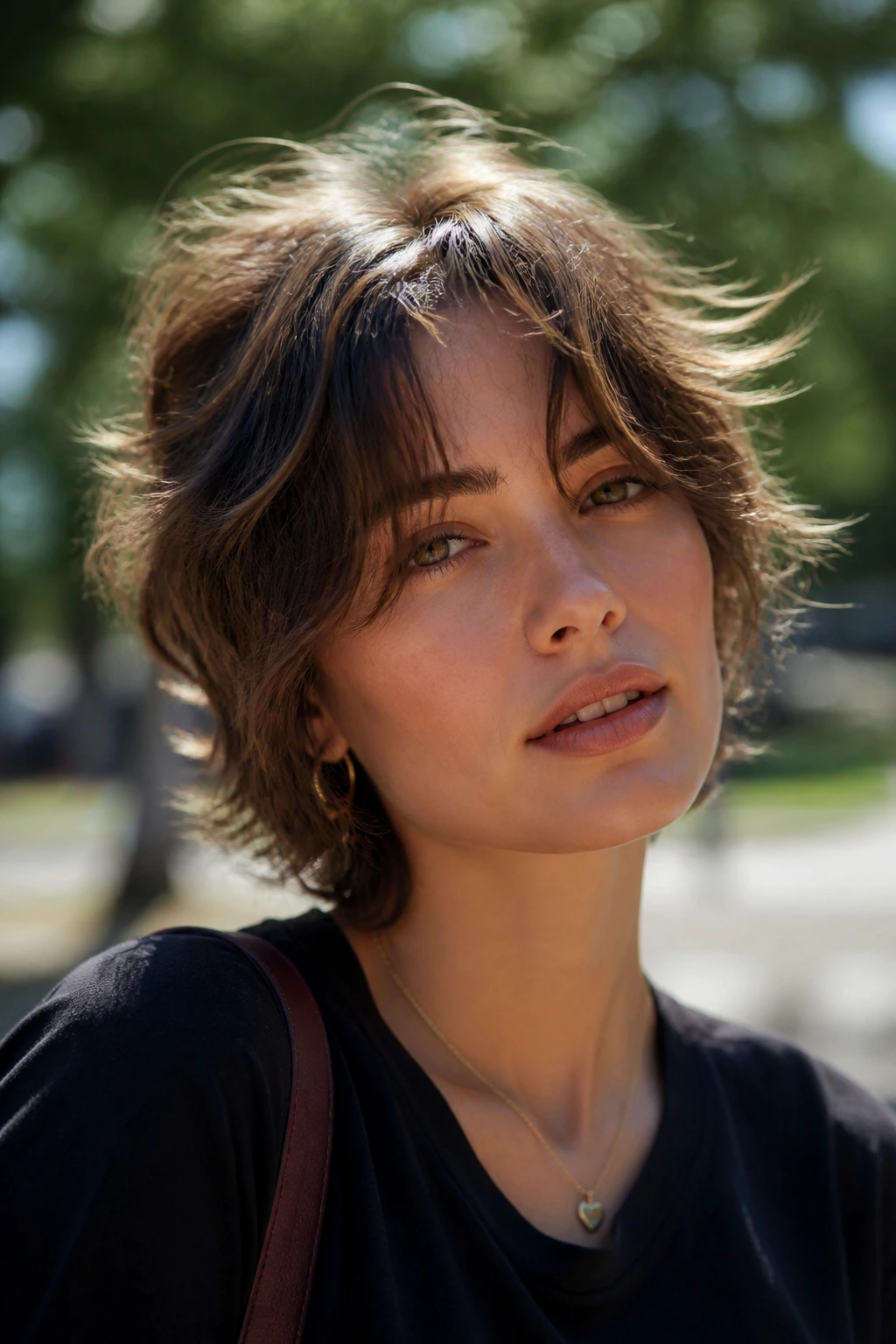 Portrait of real woman with textured shag curtain bangs, wind-tossed look in outdoor park sunlight.