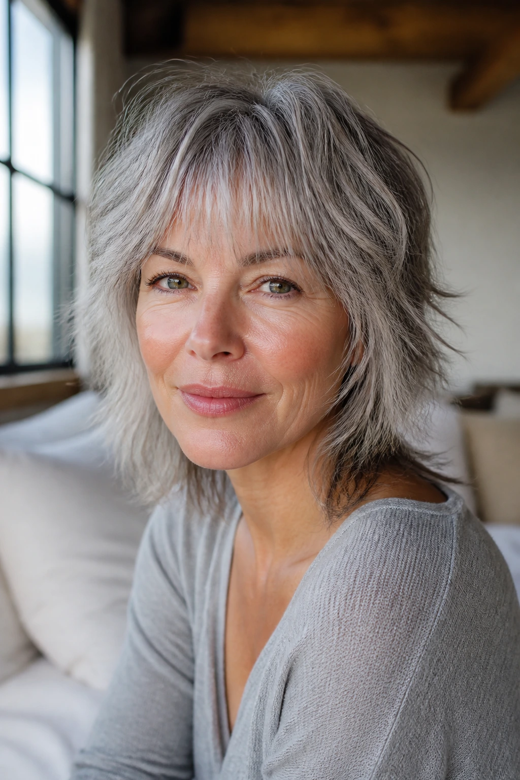Close-up of a real woman with textured shag and wispy bangs on gray hair