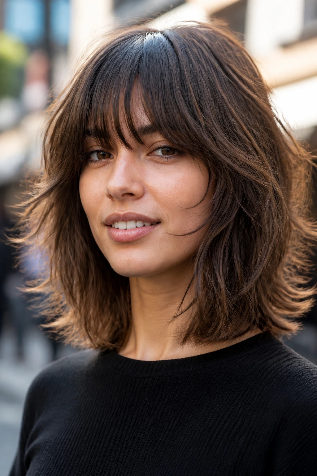 Portrait of a real person with a textured shag lob and layered movement.