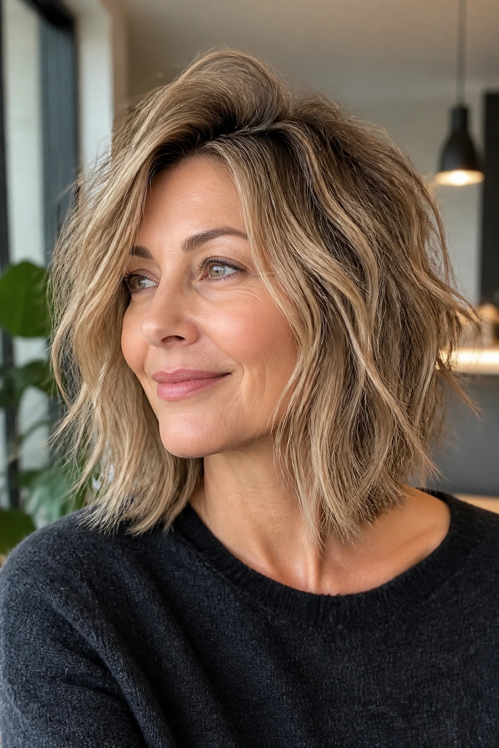 Portrait of a real woman with textured shag lob and crown lift.