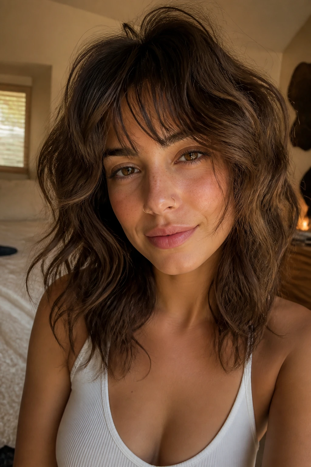 Close-up of a real woman with textured shag waves and crown lift in a sunlit bedroom