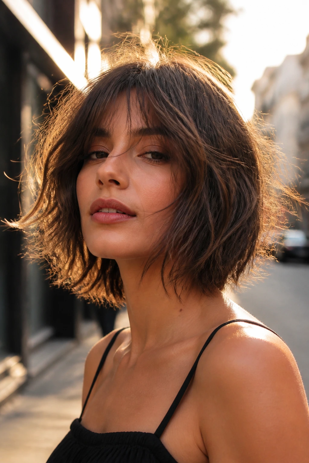 Medium close-up of a real woman with textured shaggy bob