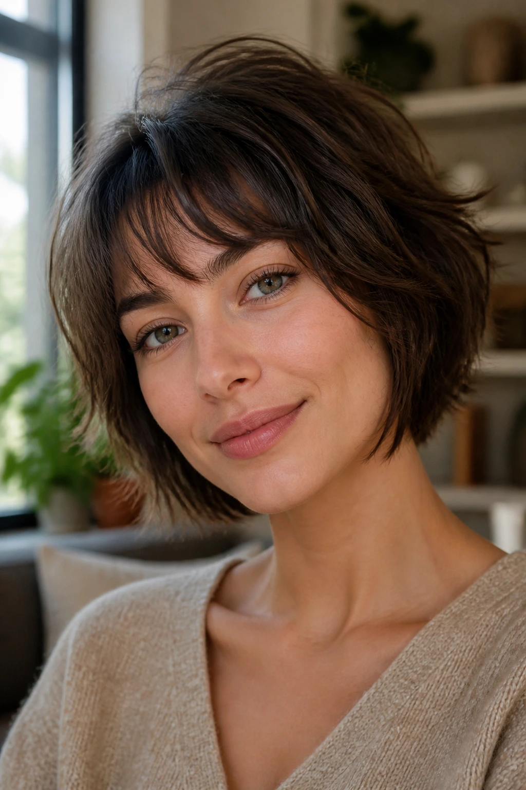 Portrait of a woman with a textured shaggy bob in cozy daylight