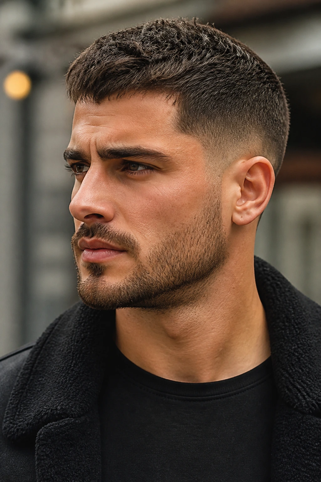 Close-up of a man with a textured short crop in an outdoor urban setting