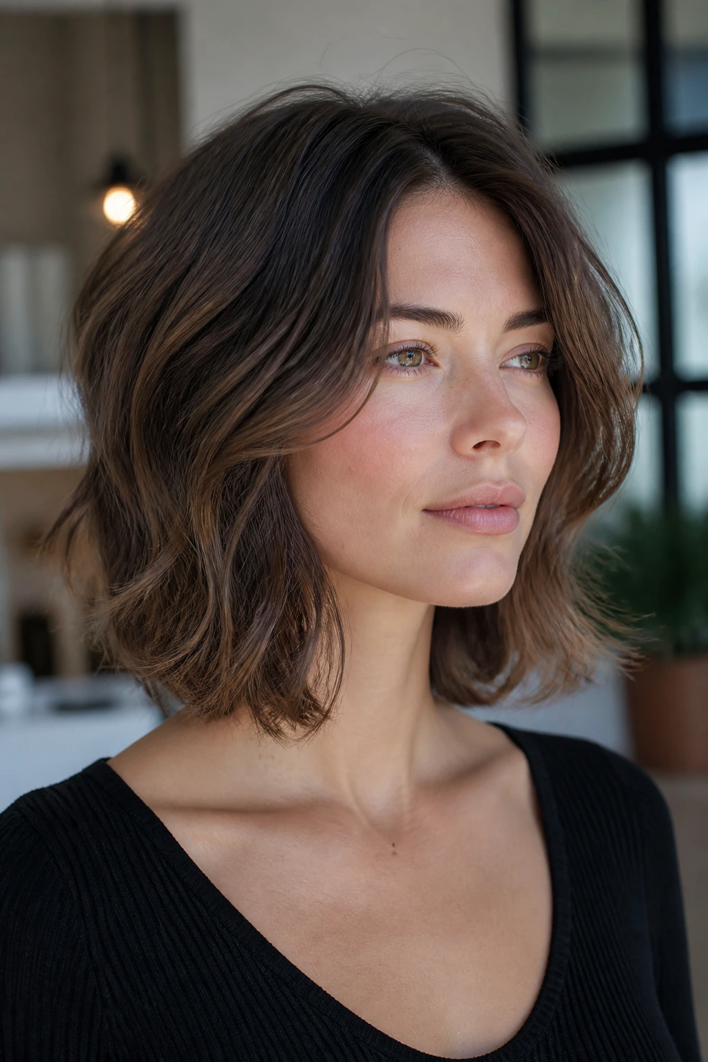 Real woman with shoulder-length textured hair and bent ends.