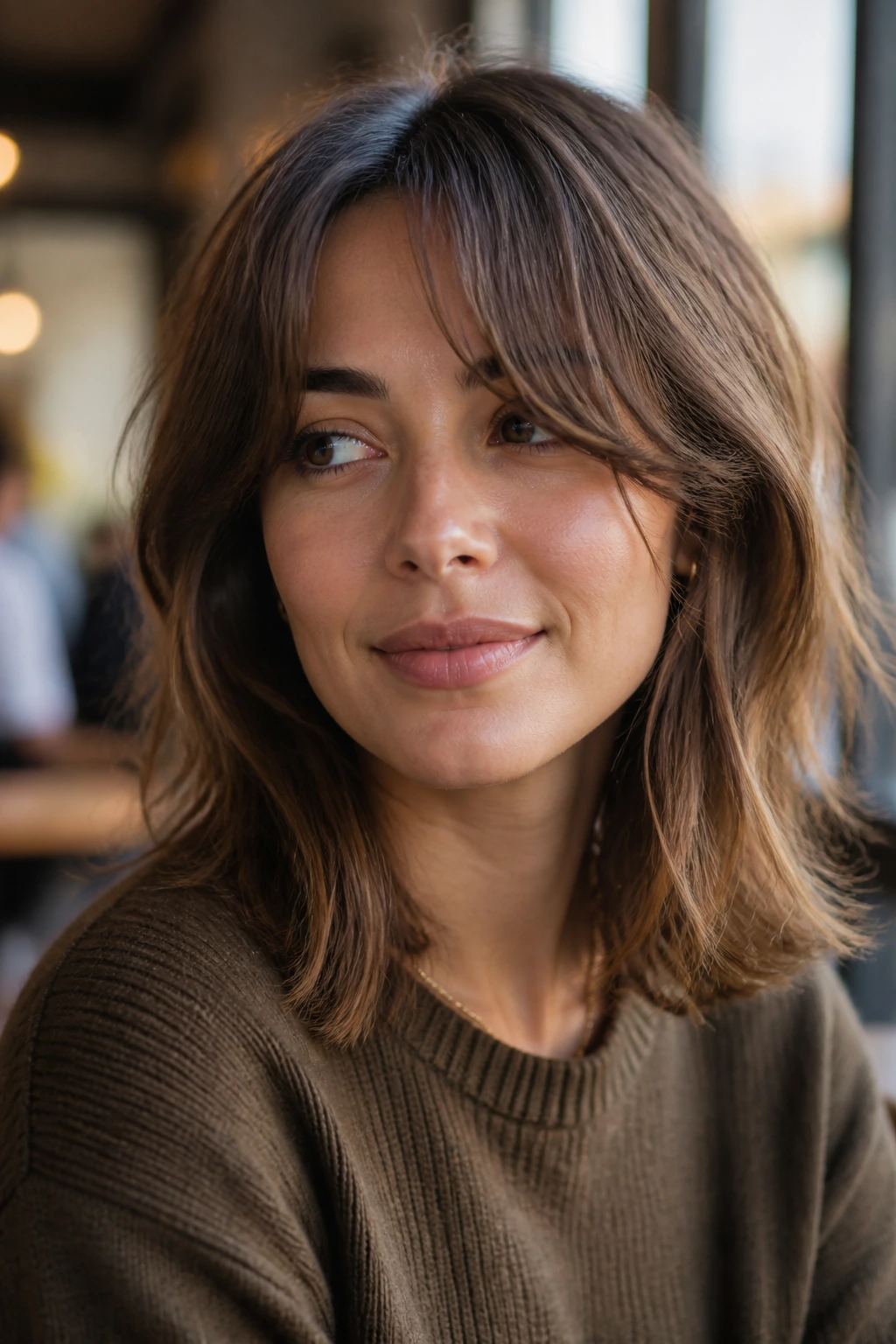 Portrait of a real woman with textured shoulder-length hair and swoopy bangs.