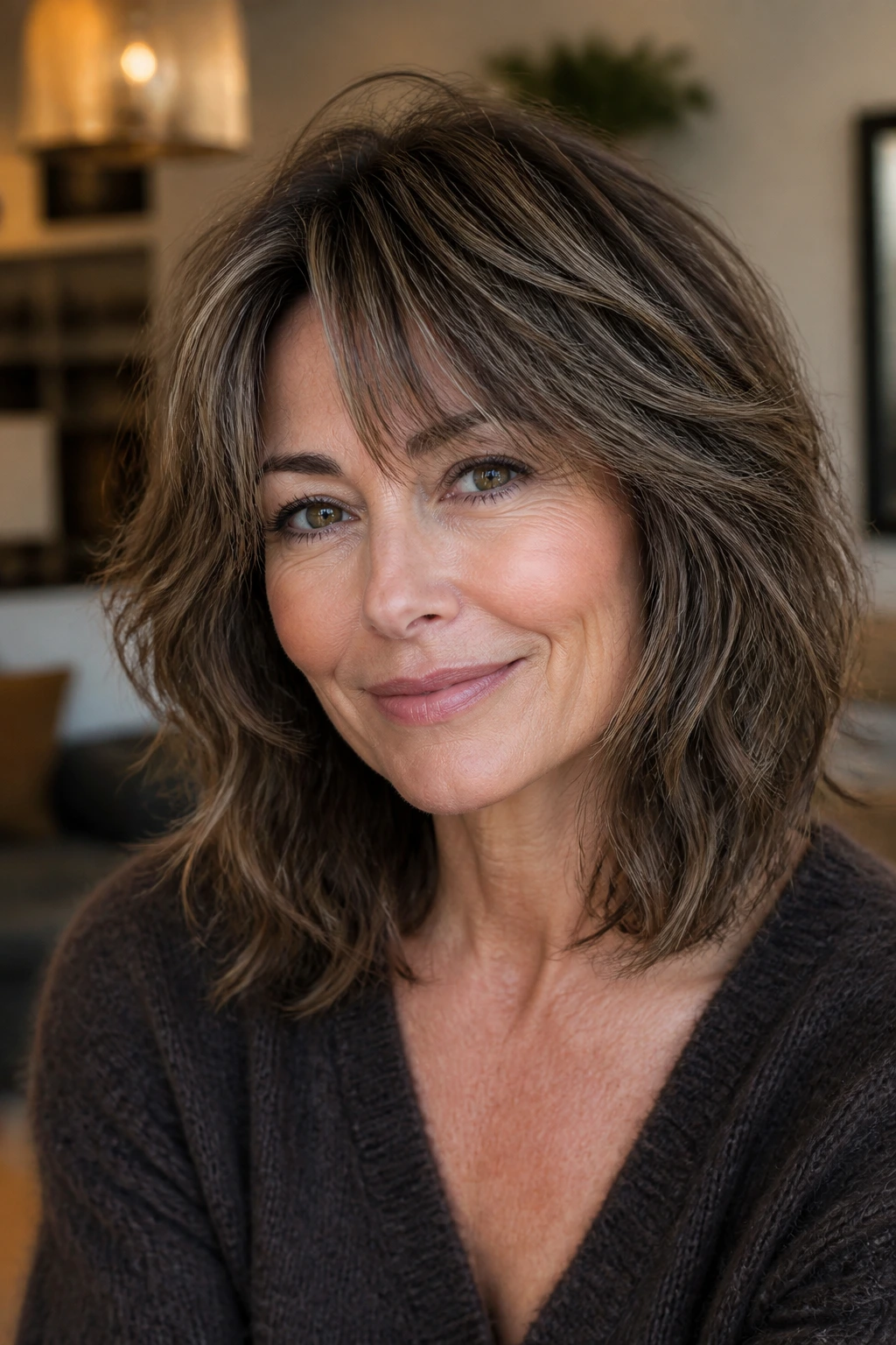 Portrait of a woman with textured shoulder-length shag hairstyle