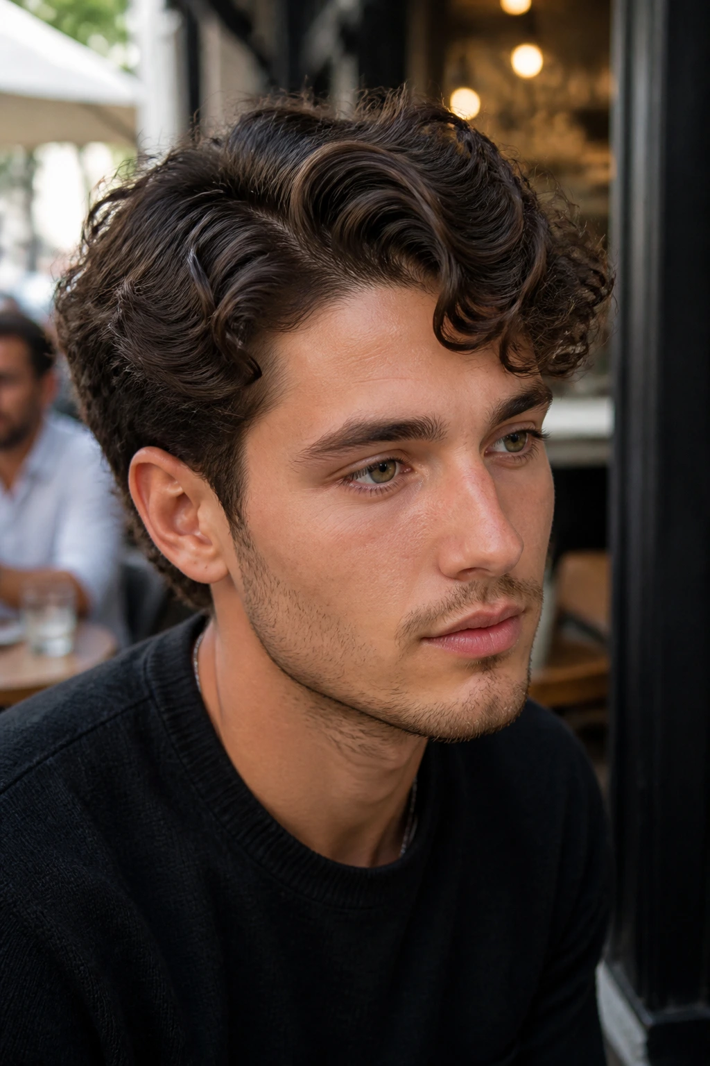 Man with textured side-part curly hairstyle