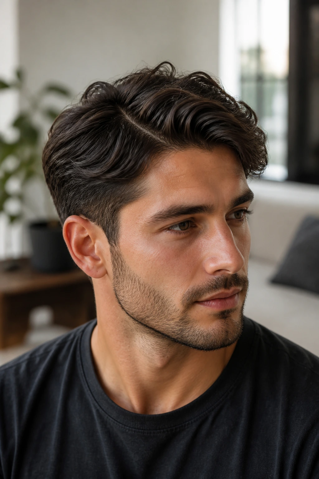Real man with textured side-part and low taper haircut