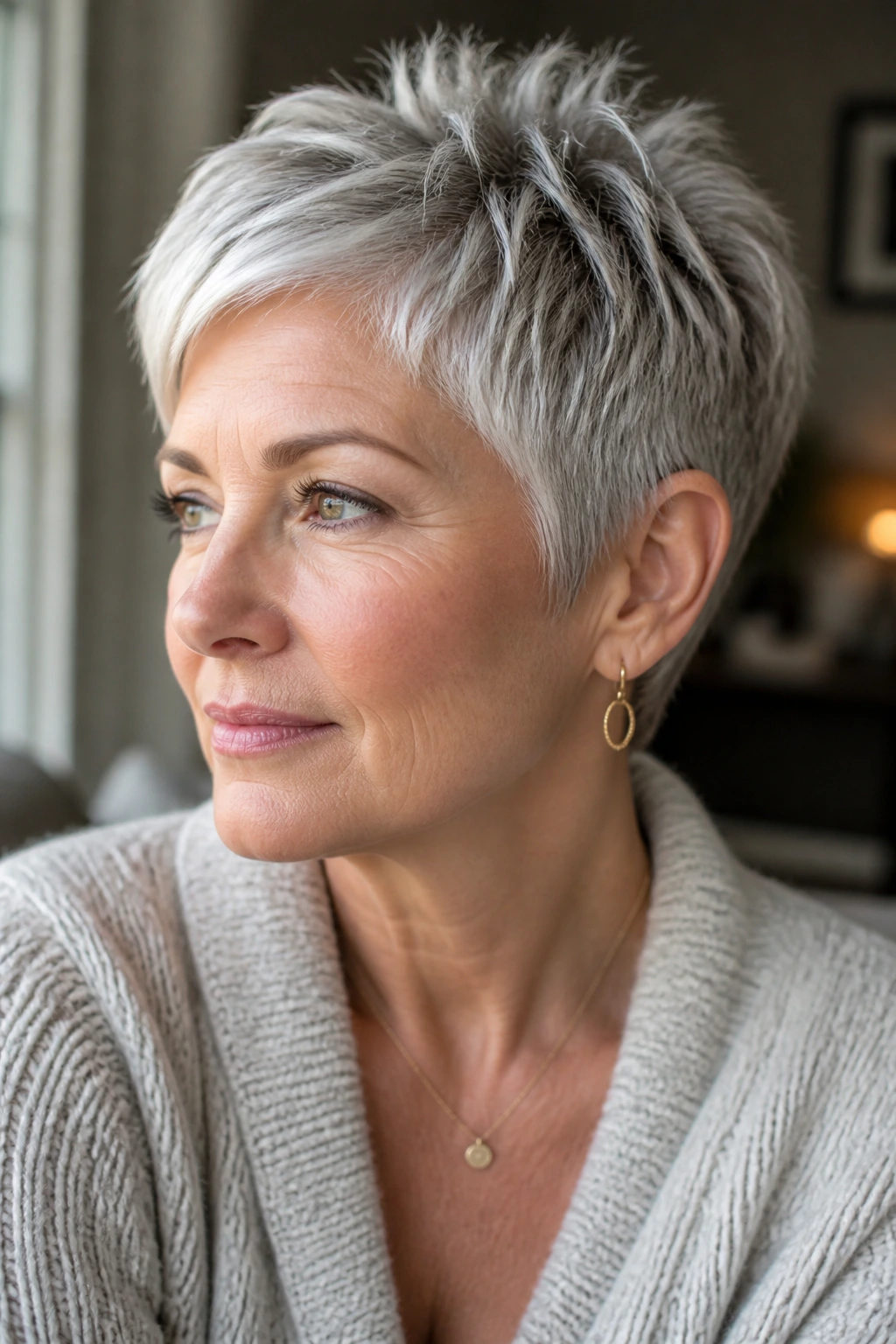 Portrait of a woman with a textured silver pixie.