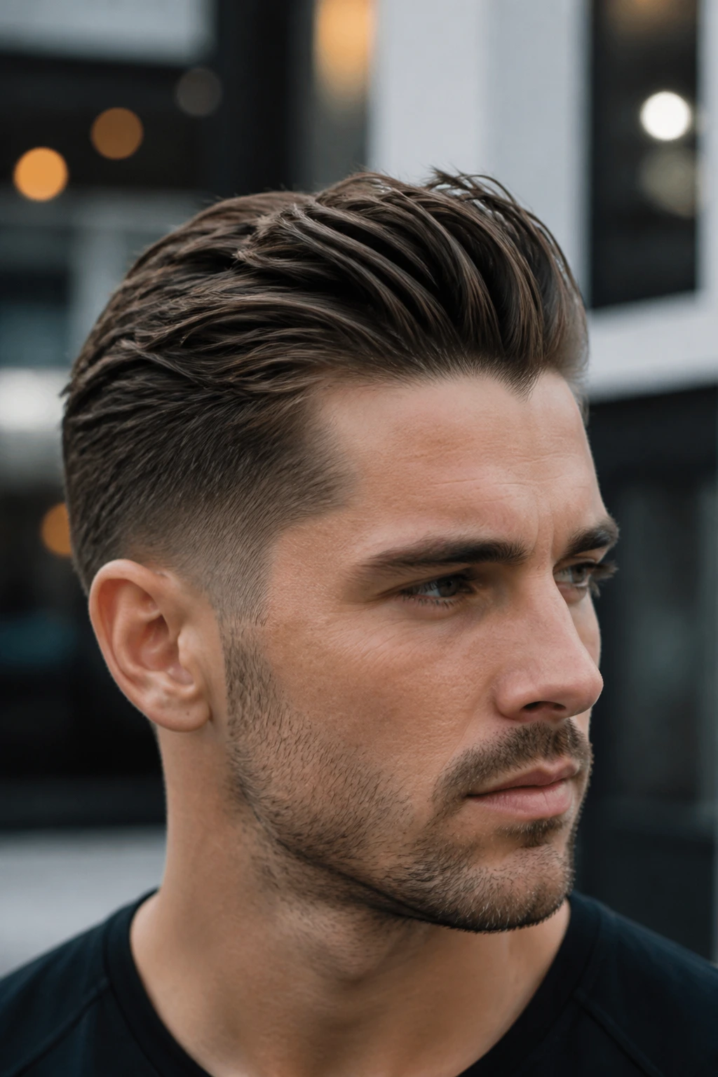 Portrait of man with textured slick back showing visible strands