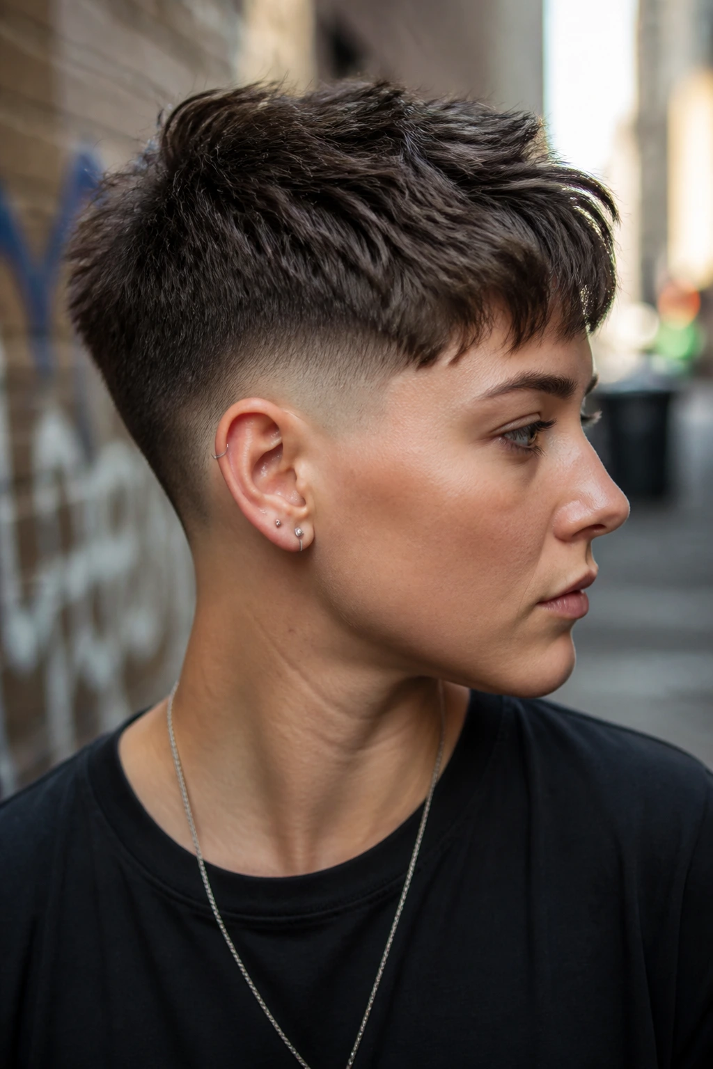 Portrait of a person with a textured taper fade, showing crisp edges and textured top.
