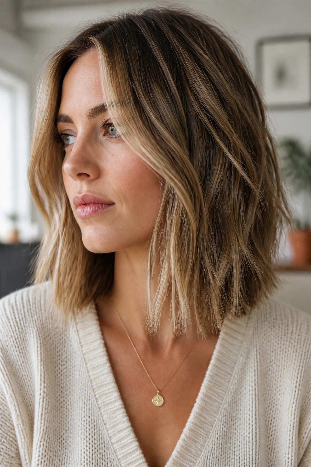Close-up portrait of a real woman with a textured undone lob hairstyle