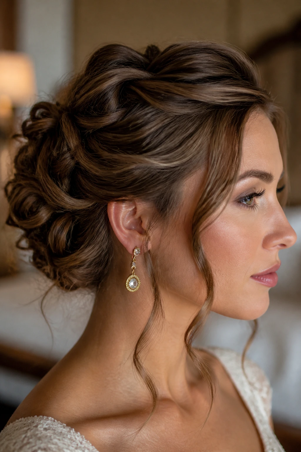 Close-up of a woman with a textured updo showing waves and curls integrated into the silhouette