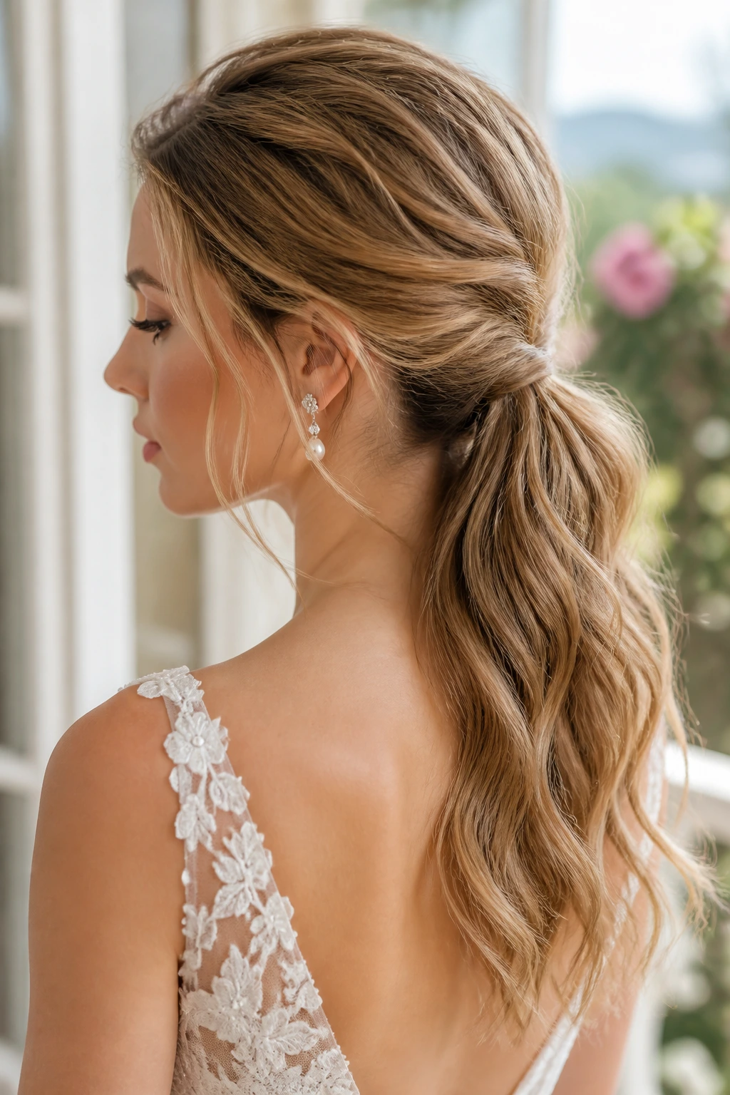 Bride with textured waved low ponytail in window-lit setting