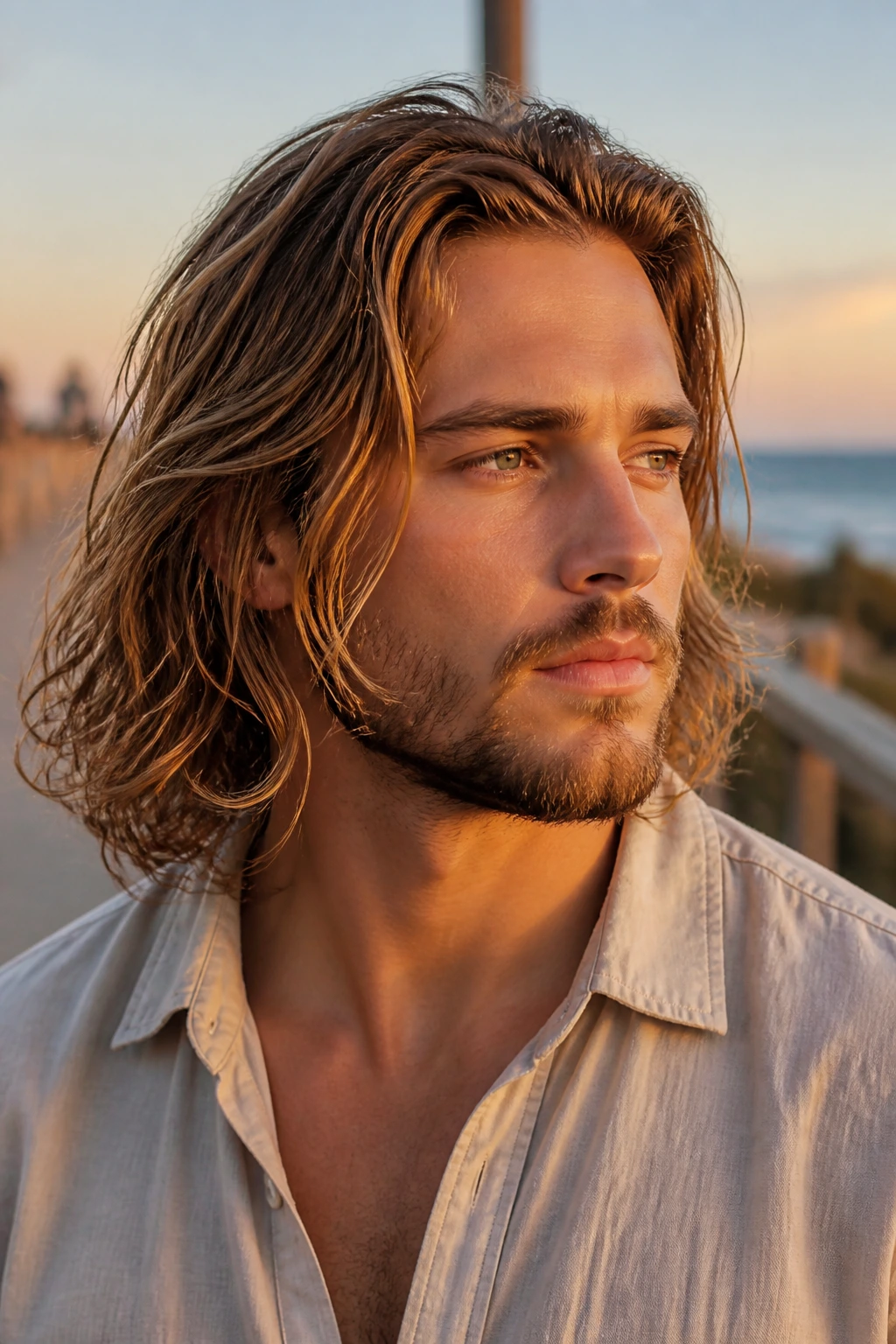 Medium close-up of a man with textured waves created by sea-salt cream at the beach